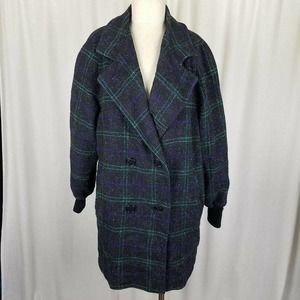 Spencer Douglas Wool 1980s Plaid Peacoat Coat Womens 12 Vintage Knit Cuffs USA